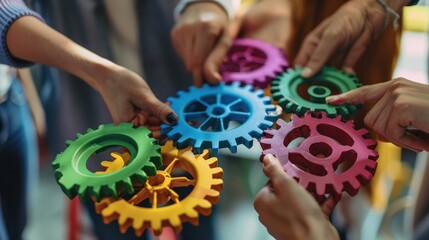 varias personas colaboran encajando piezas de un engranaje significado la coordinación que es la actividad 01 del proyecto Bio+A