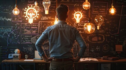 un hombre observa una pared llena de anotaciones y bombillas encendidas representando al emprendedor creando ideas que representa la actividad 04 del proyecto  Bio+A